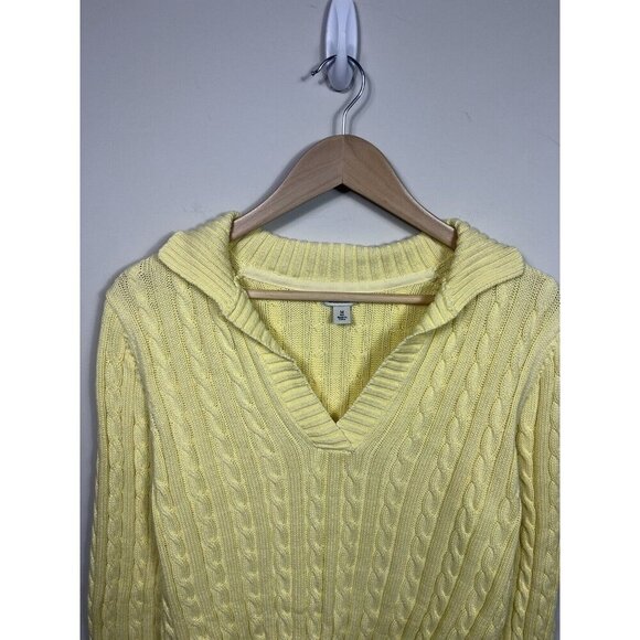 LL BEAN Womens Sweater Medium Yellow Cable Knit Collared Long Sleeve - Picture 2 of 9